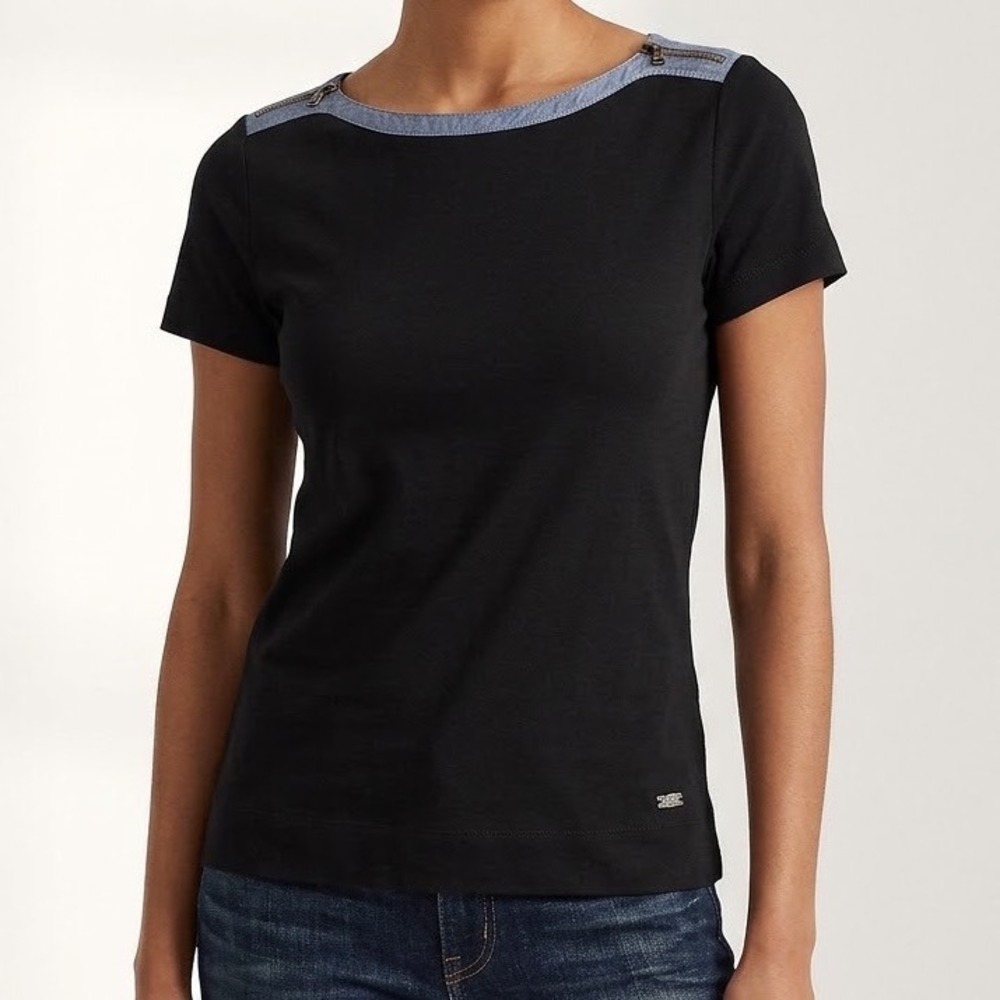 Lauren Ralph Lauren Black Boat Neck Top Blue Chambray Trim Shoulder Zips